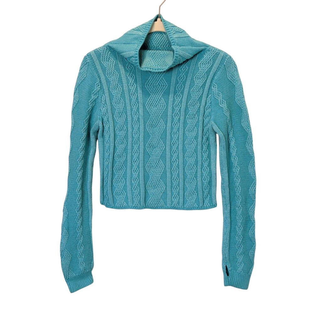 Ivivva Girls Sz 12 Blue Cable Knit Turtle Neck Sweater Thumbholes Lululemon